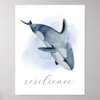 Blue White Watercolor Orca Killer Whale