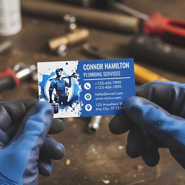Blue White Watercolor Plumber Illustration Business Card (Creator Uploaded)