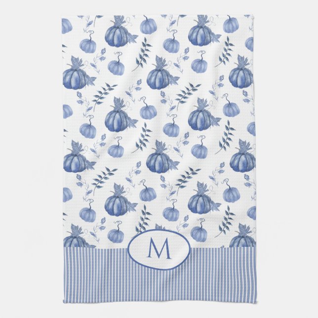 Blue | White Watercolor Pumpkin Patch Pattern Tea Towel (Vertical)