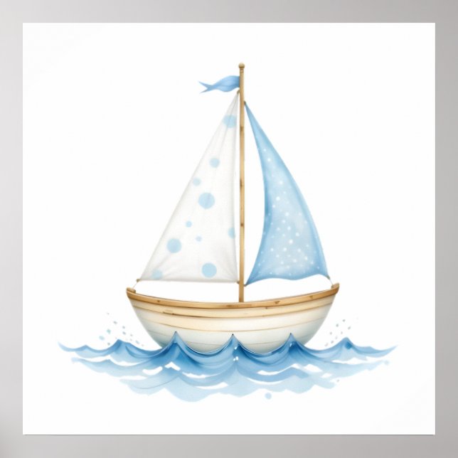 Blue & White Watercolor Sailboat – Nautical Baby R Poster (Front)