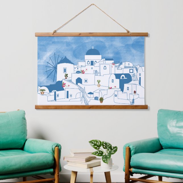 Blue & White Watercolor Santorini Greece Hanging Tapestry (Living Room)