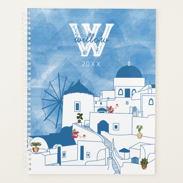 Blue & White Watercolor Santorini Greece Monogram Planner (Front)