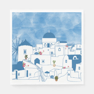 Blue & White Watercolor Santorini Greece Napkin