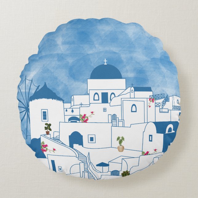 Blue & White Watercolor Santorini Greece Round Cushion (Front)