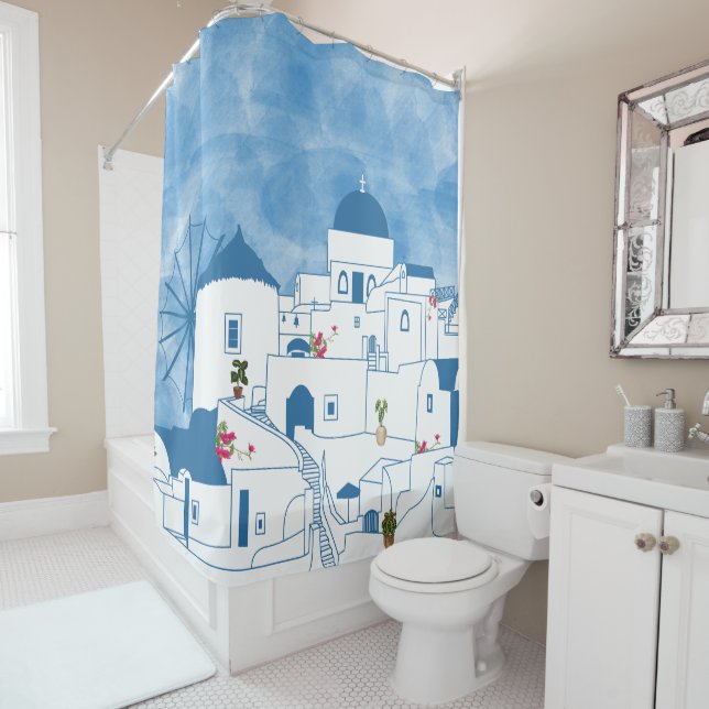 Blue & White Watercolor Santorini Greece Shower Curtain (In Situ)
