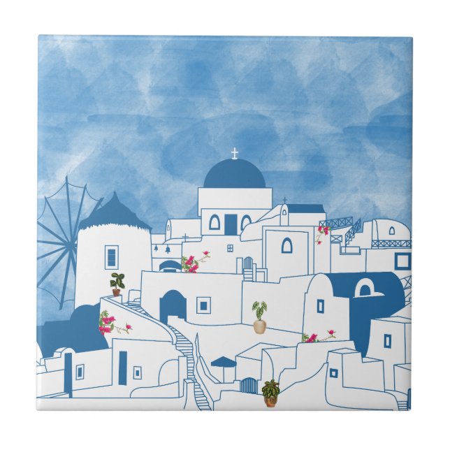 Blue & White Watercolor Santorini Greece Tile (Front)