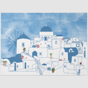 Blue & White Watercolor Santorini Greece Tissue Paper