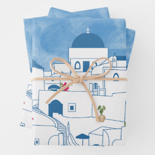 Blue & White Watercolor Santorini Greece Wrapping Paper Sheet