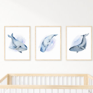 Blue White Watercolor Sperm Whale Poster
