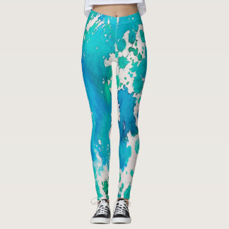 Blue white watercolor splashes leggings