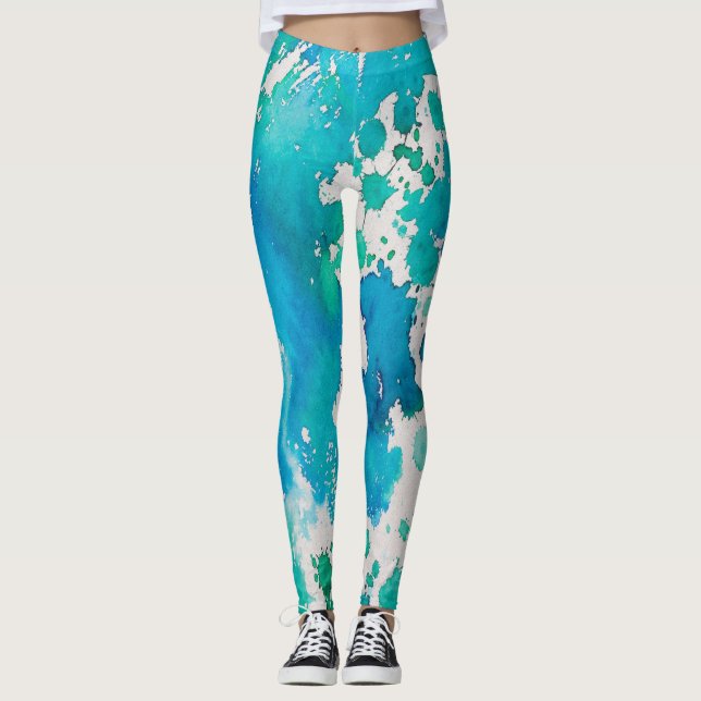 Blue white watercolor splashes leggings (Front)