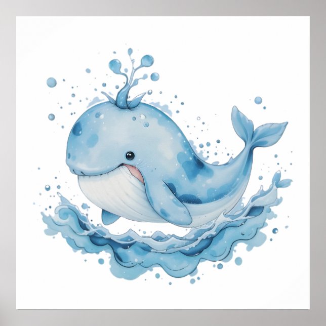 Blue & White Watercolor Whale – Ocean Nursery Wall Poster (Front)