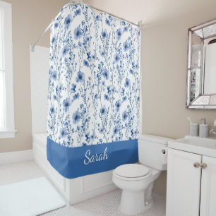 Blue White Watercolor Wildflowers Floral Name Shower Curtain