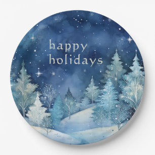 Blue & White Watercolor Winter Scenery Holiday Paper Plate