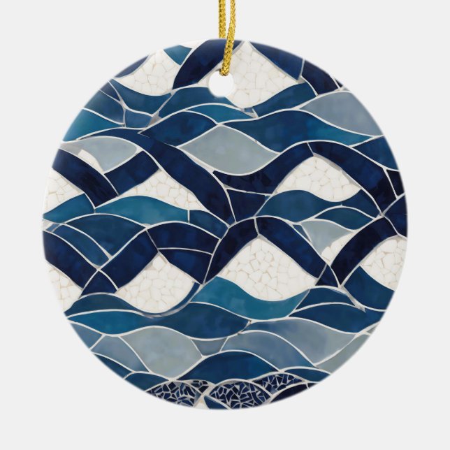 Blue White Wave Pattern 01 Ceramic Tree Decoration (Front)