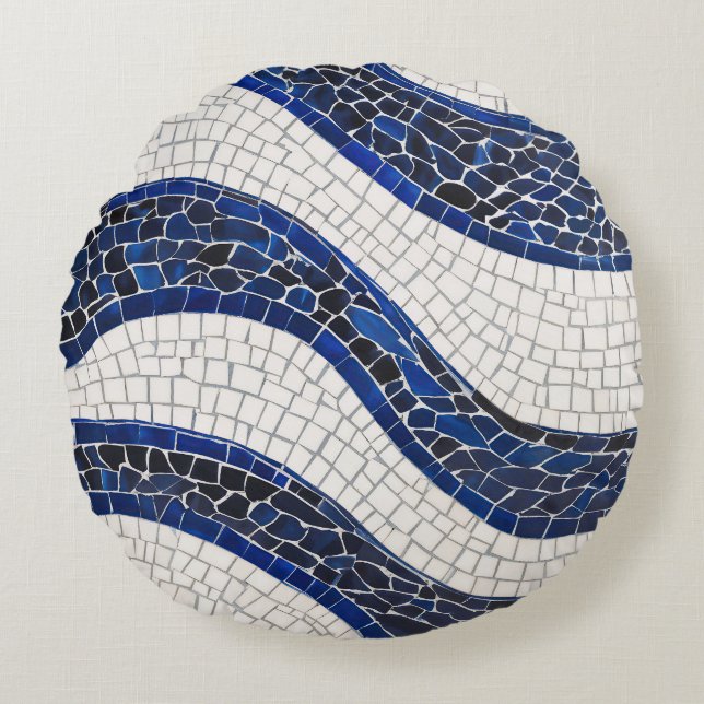 Blue White Wave Pattern 04 Round Cushion (Front)