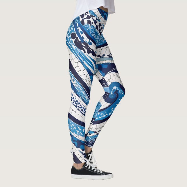 Blue White Wave Pattern 05 Leggings (Right)