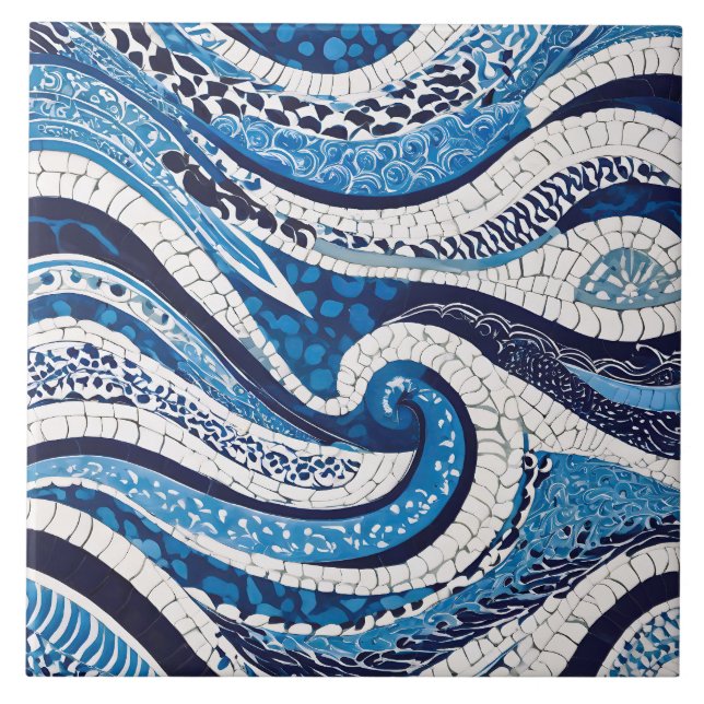 Blue White Wave Pattern 05 Tile (Front)