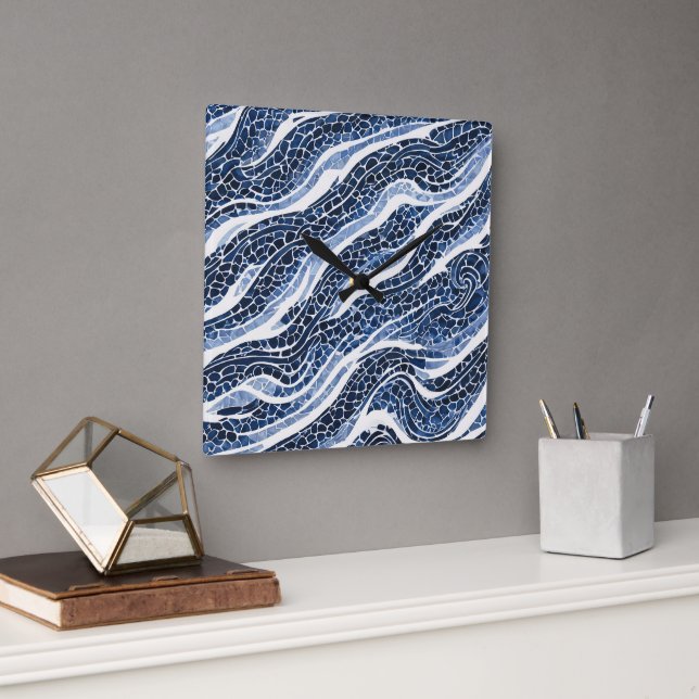 Blue White Wave Pattern 15 Square Wall Clock (Office)
