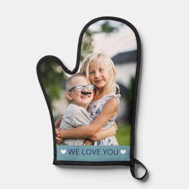 Blue & White We Love You Photo Oven Mitt (Front)