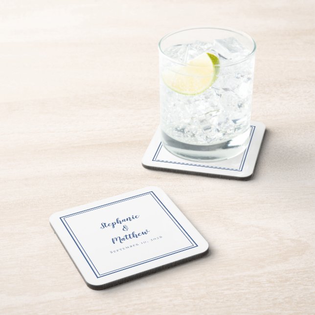Blue White Wedding Modern Minimalist Newlywed Coaster (Right Side)