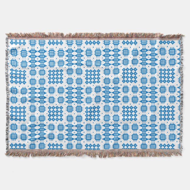 Blue, White Welsh Tapestry Pattern Throw Blanket (Front)