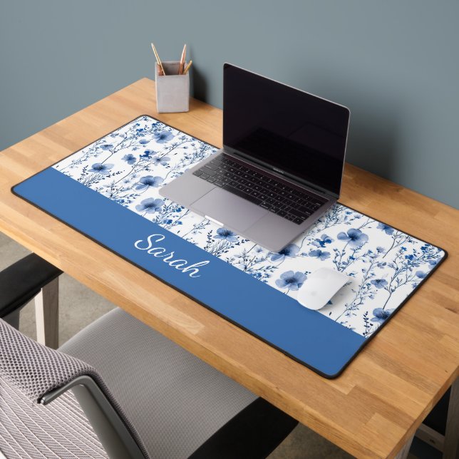 Blue White Wildflower Floral Monogram Name Desk Mat (Office 2)