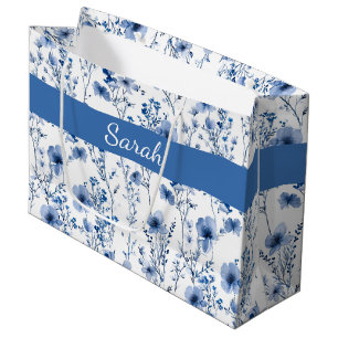 Blue White Wildflower Floral Monogram Name Large Gift Bag