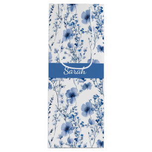 Blue White Wildflower Floral Monogram Name Wine Gift Bag