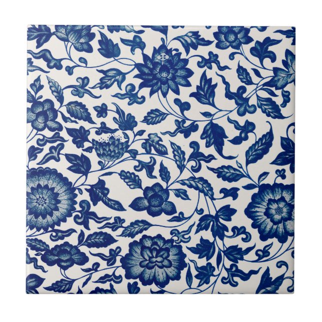 Blue White Wildflower French Country Chinoiserie  Tile (Front)