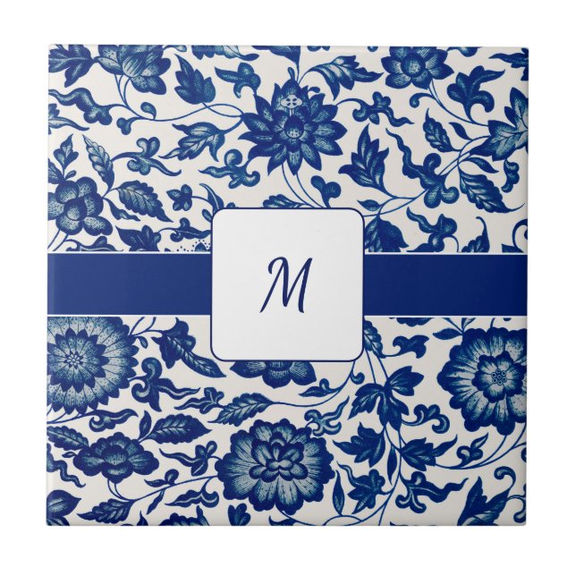 Blue White Wildflower French Country Custom Name Tile (Front)