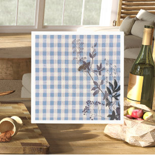 Blue White Wildflower Gingham Plaid Farmhouse Napkin