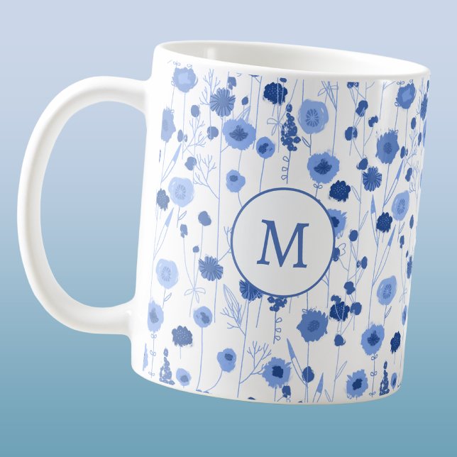 Blue White Wildflower Meadow Botanical Monogram Coffee Mug (Blue white wildflower meadow custom personalized monogram initial coffee mug)