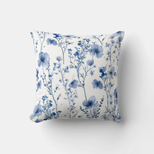 Blue White Wildflowers Watercolor Floral Pattern Cushion