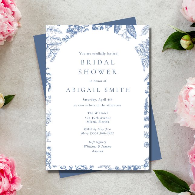 Blue White Willow Floral Bridal Shower Invitation (Blue Floral Bridal Shower Invitation)