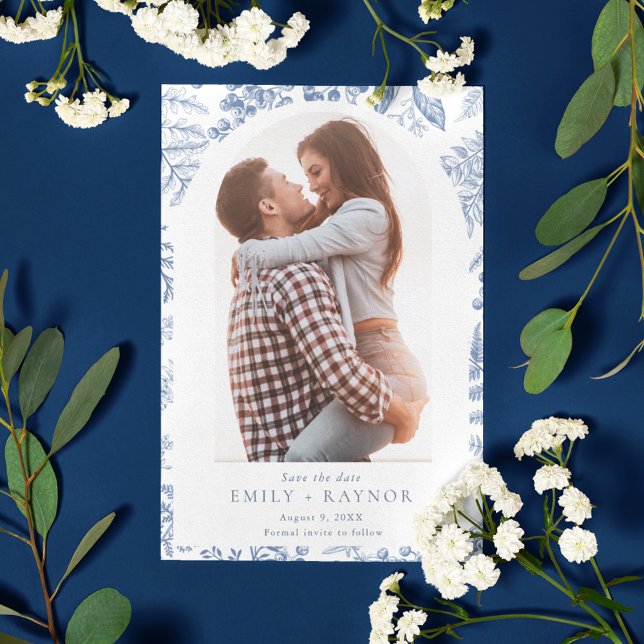Blue White Willow Floral Photo Wedding Save The Date (Blue White Willow Floral Photo Wedding Save The Date)
