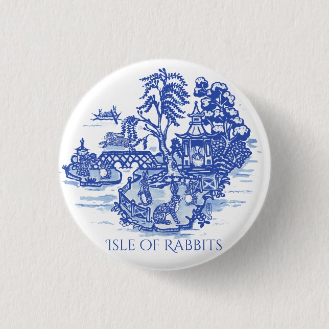 Blue  & White Willow Rabbit FloraI Island Pagoda 3 Cm Round Badge (Front)