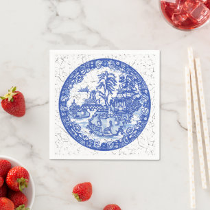 Blue White Willow Rabbit Whimsical Crackle Look Napkin