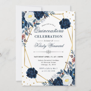 Blue White Winter Flowers and Frame Quinceanera Invitation