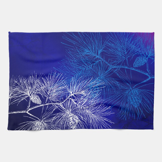 Blue White Winter Holiday Pine Tea Towel (Horizontal)