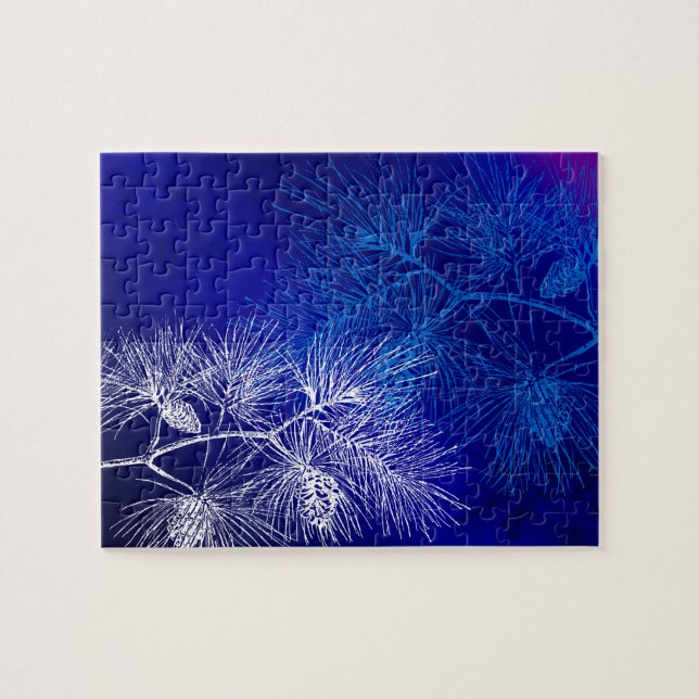 Blue White Winter Pine Pattern Jigsaw Puzzle (Horizontal)