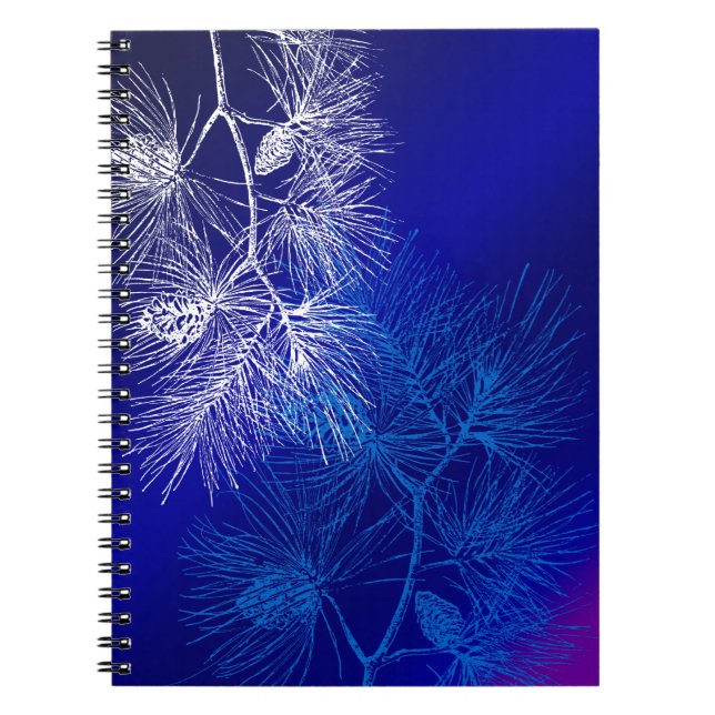 Blue White Winter Pine Pattern Spiral Notebook (Front)
