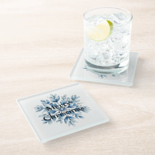 Blue White Winter Snowflake Christmas Glass Coaster