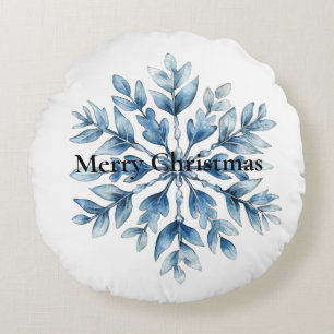 Blue White Winter Snowflake Christmas Round Cushion
