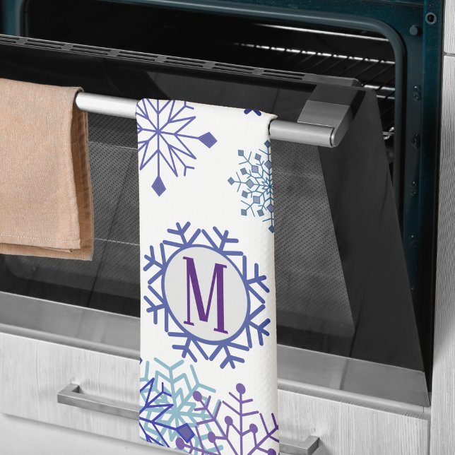 Blue White Winter Snowflake Elegant Monogram Tea Towel (Creator Uploaded)