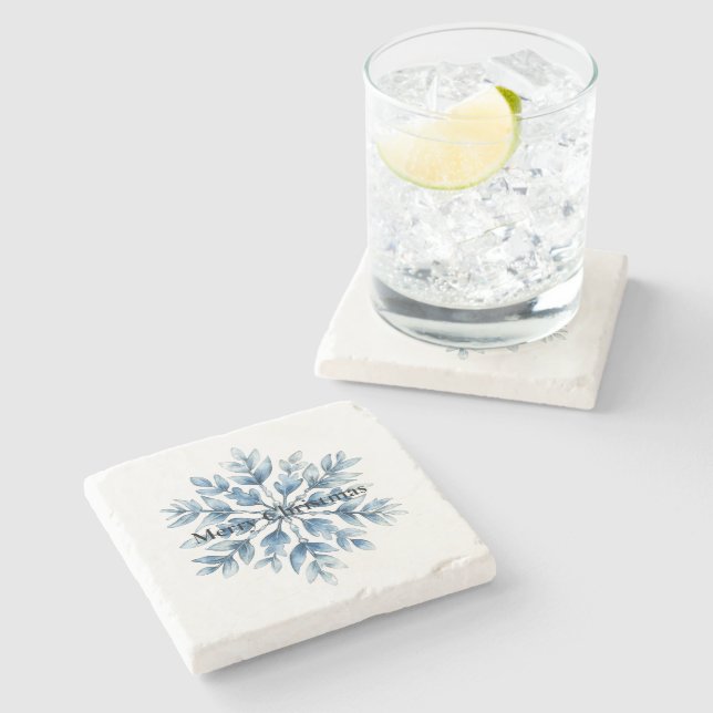 Blue White Winter Snowflake Stone Coaster (Side)