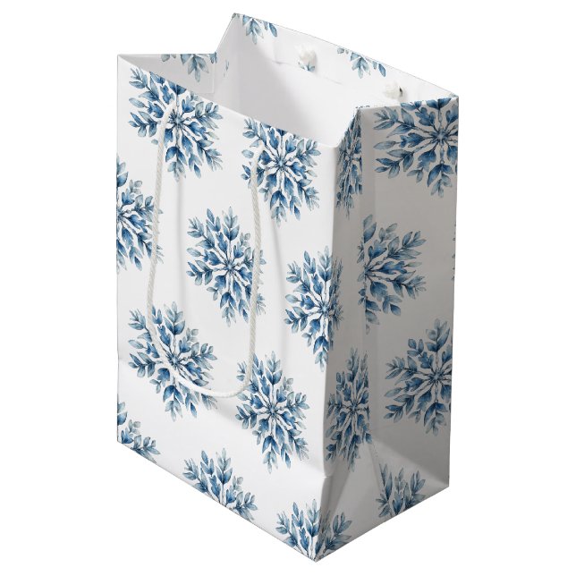 Blue White Winter Snowflakes Medium Gift Bag (Front Angled)