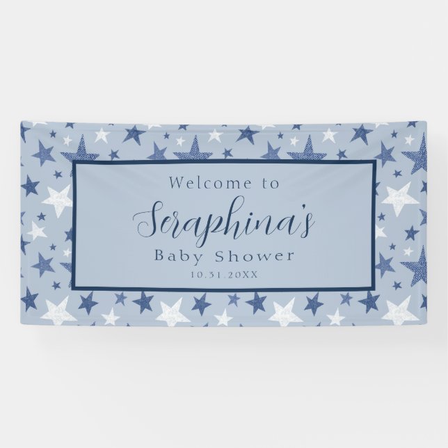 Blue White Winter Stars Pattern Baby Shower Banner (Horizontal)