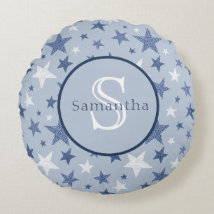Blue & White Winter Stars Personalised Monogram Round Cushion