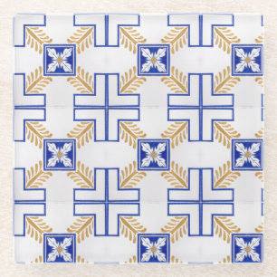 Blue White Yellow Azulejo Portuguese Tiles Pattern Glass Coaster